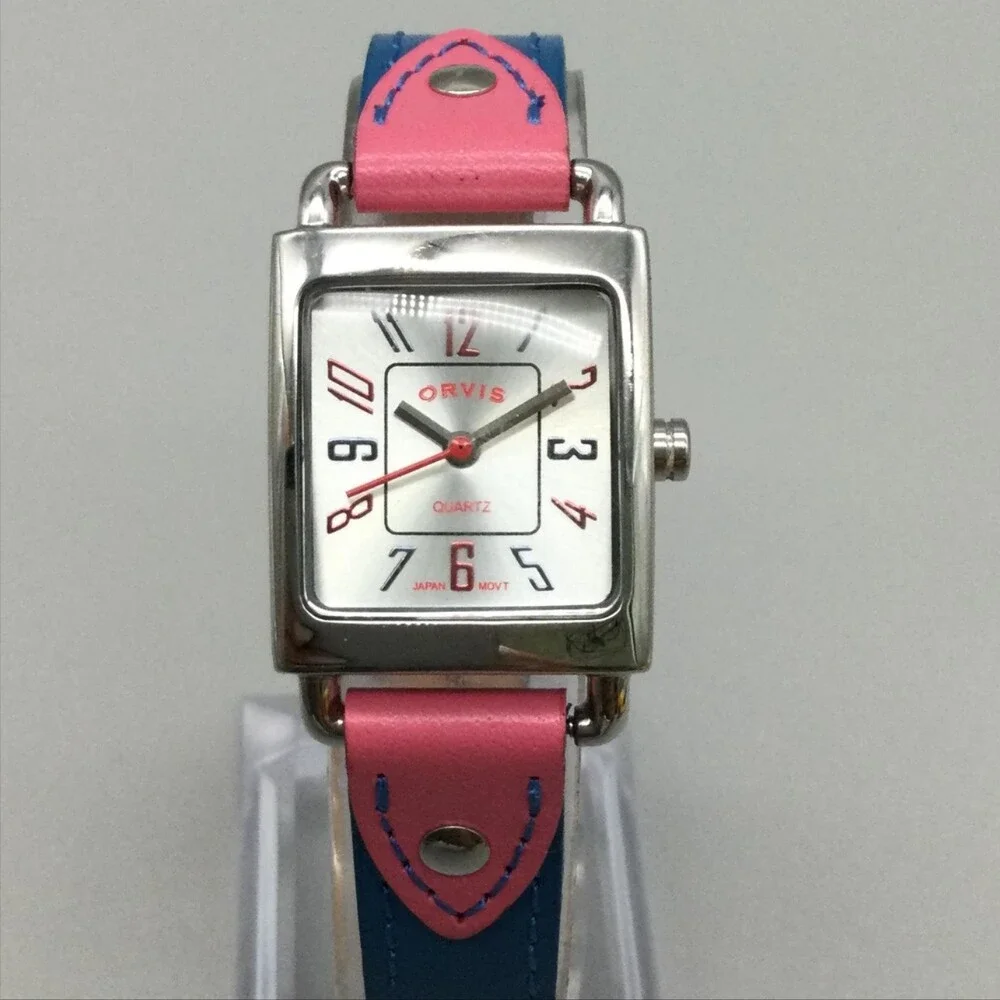 Orvis Womens Watch 21mm Silver Tone Rectangle Pink Blue Leather New Battery